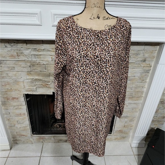 LOFT Cheetah Leopard Print Long Sleeve‎ Mini Dress Size 14 XL New - Picture 1 of 8